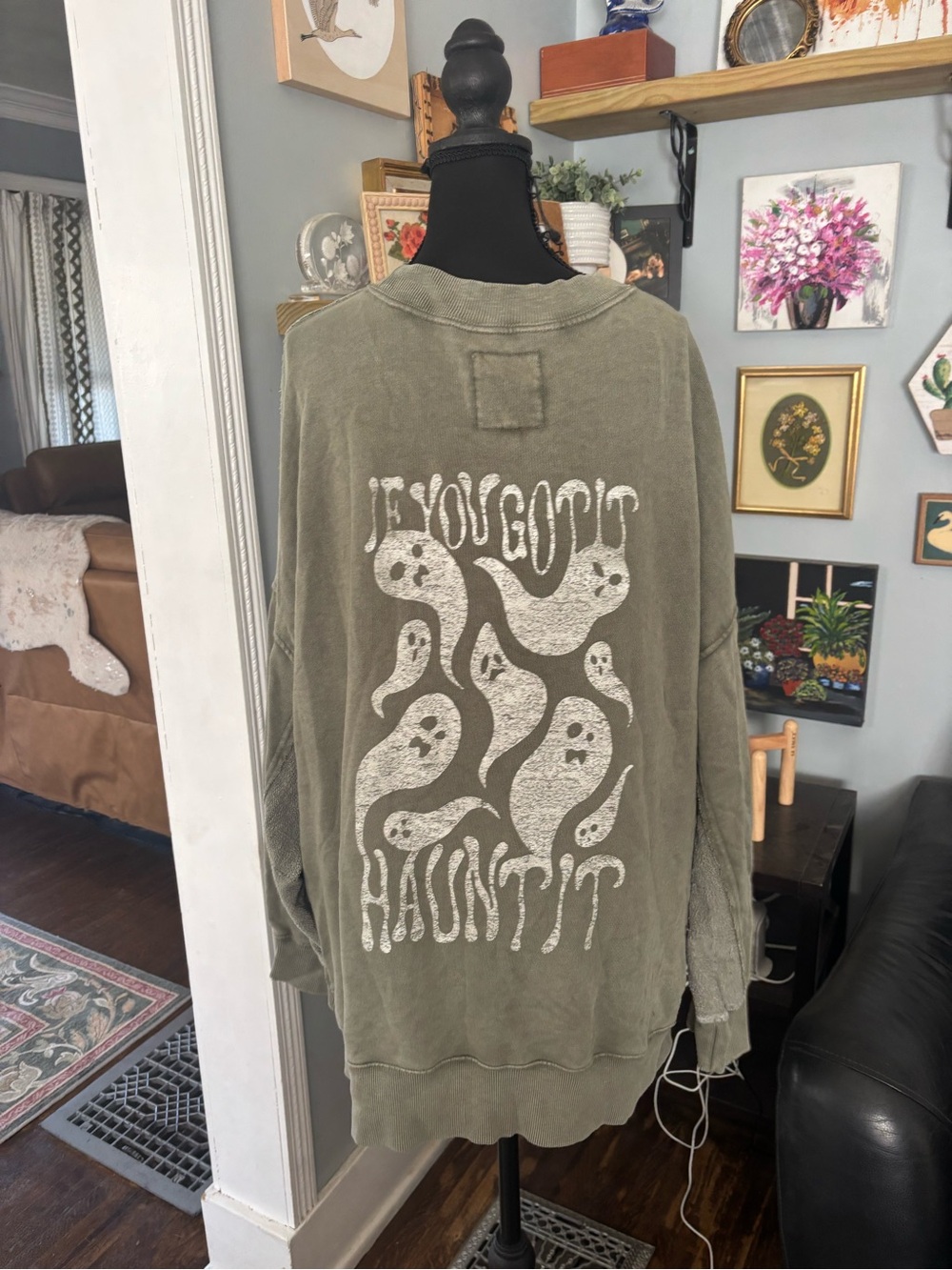 Aerie Halloween big chill crew sweatshirt oversized "If you got it haunt it" L - Picture 6 of 8